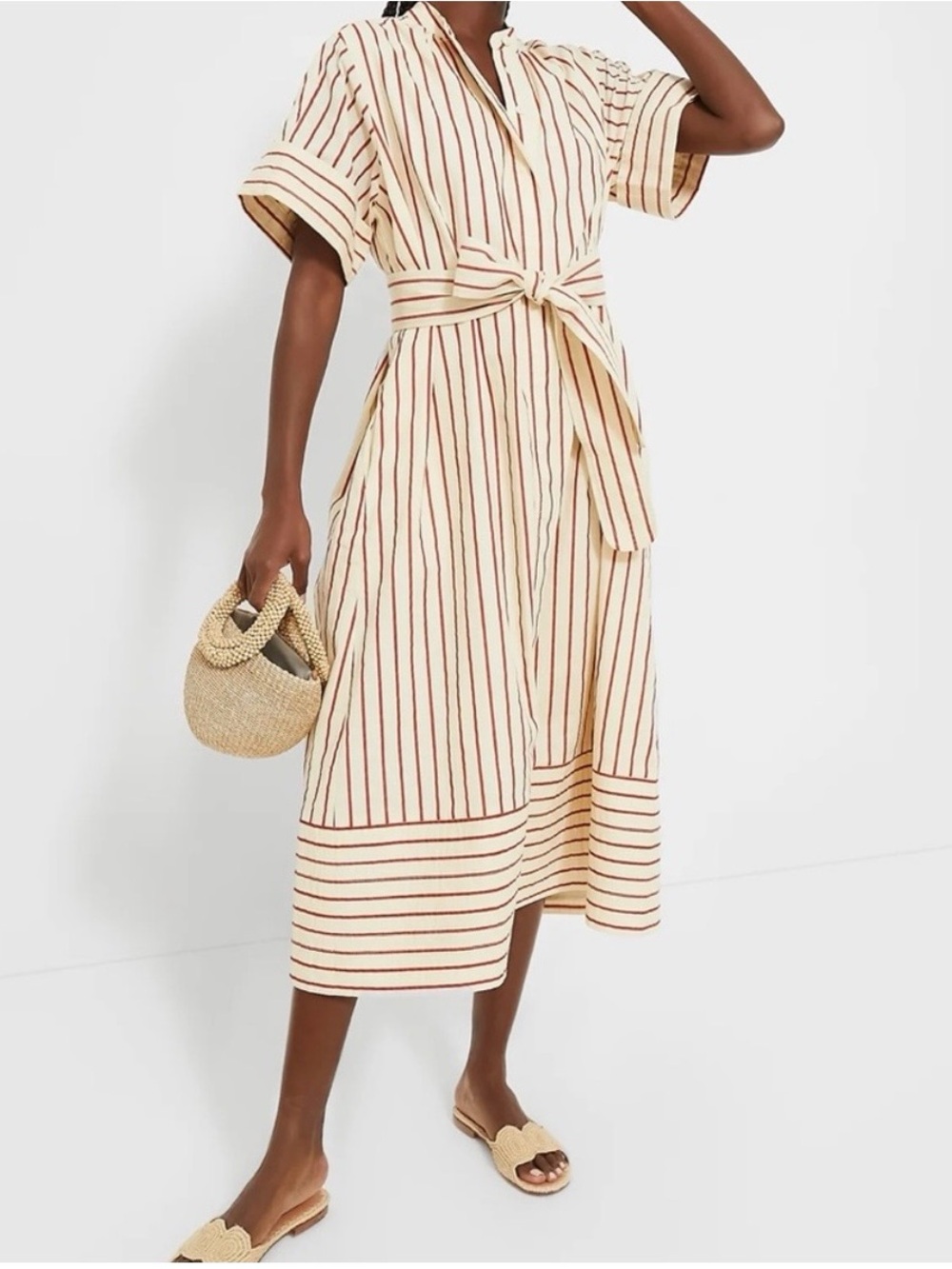 Tuckernuck Cream Midi Dress with Red Stripes and Tie Waist - Picture 2 of 4